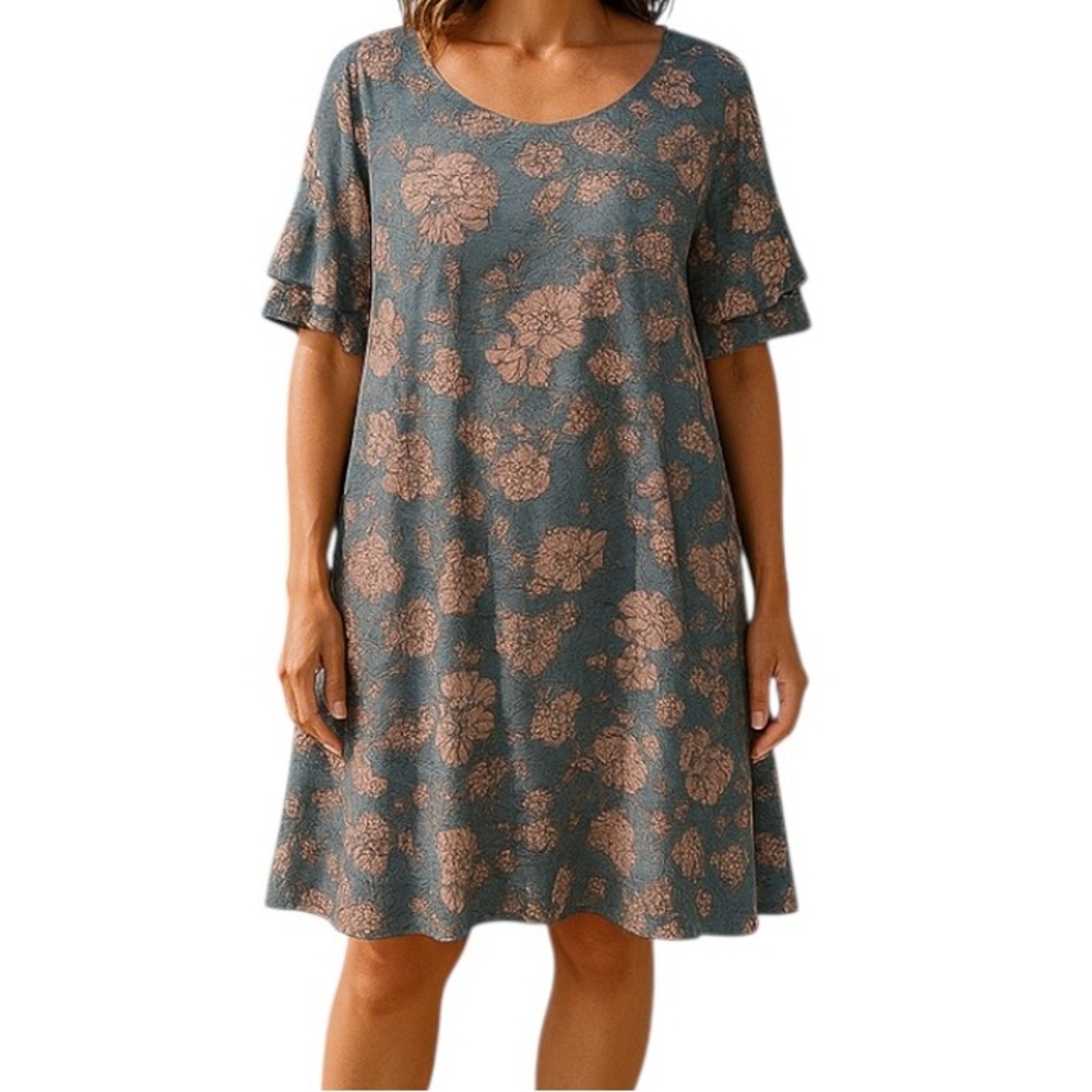 Nemidor Size 20
Gray and Peach Floral Midi Dress-Pockets & Ruffled Short Sleeves
